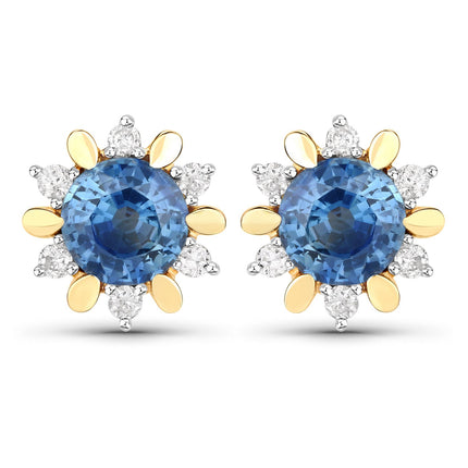 1.87 Carat Genuine Blue Sapphire and White Diamond 14K Yellow Gold Earrings