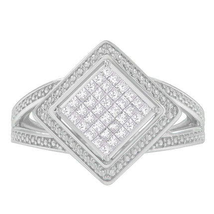 .925 Sterling Silver 1/3 Cttw Invisible Set Princess-Cut Diamond Rhombus and Beaded Halo Ring (H-I Color, SI1-SI2 Clarity) - Ring Size 7