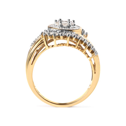 10K Yellow Gold 1 Cttw Round and Baguette cut Diamond Cluster Swirl Band Ring (H-I Color, I1-I2 Clarity) - Ring Size 7