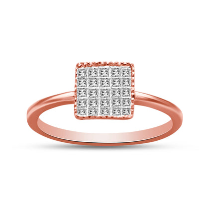 10K Rose Gold 1/3 Cttw Invisible Set Princess Cut Diamond Composite Square Shape Ring for Women (H-I color, I1-I2 clarity) - Size 7