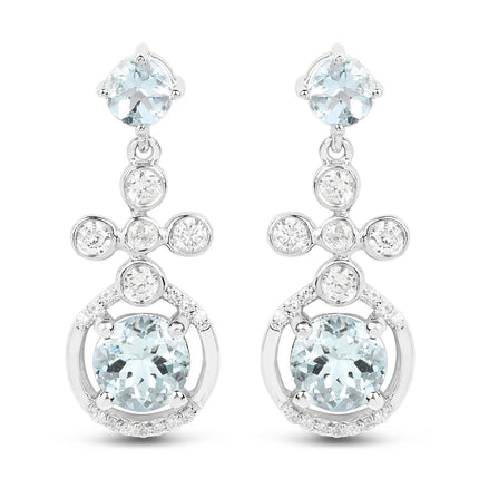 4.42 Carat Genuine Aquamarine and White Zircon .925 Sterling Silver Earrings