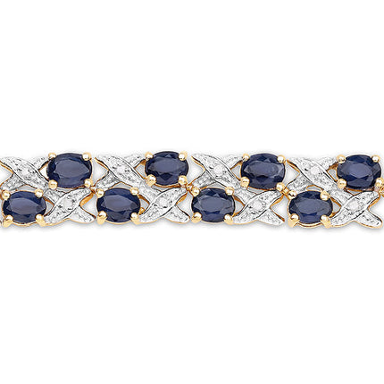 14K Yellow Gold Plated 12.53 Carat Genuine Blue Sapphire and White Diamond .925 Sterling Silver Bracelet