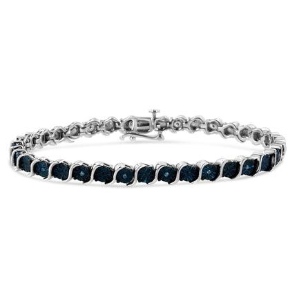 .925 Sterling Silver 1/10 Cttw Miracle-Set Treated Blue Color Diamond Miracle Plate "S" Link Tennis Bracelet (Blue Color, I2- I3 Clarity) - 7.25"