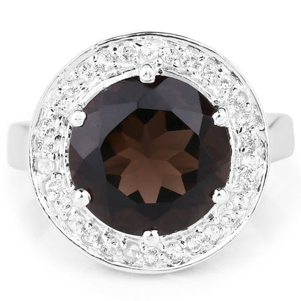 4.52 Carat Genuine Smoky Quartz and White Topaz .925 Sterling Silver Ring