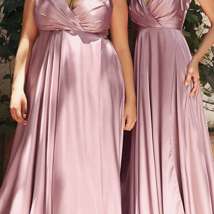 Cinderella Divine BD105 Flowy Satin A-Line Gown with Leg Slit
