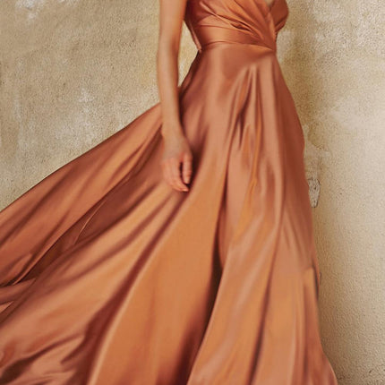 Cinderella Divine BD105 Flowy Satin A-Line Gown with Leg Slit