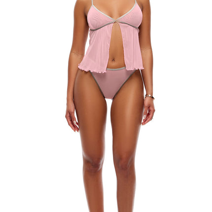 Home Body 2-Piece Sheer Mesh Babydoll Cami Set - Pink