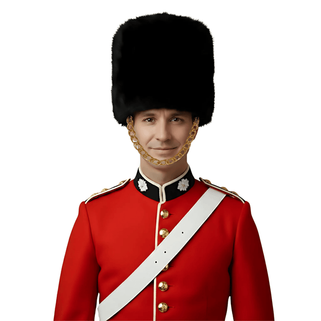 Adult Bearskin Guard Hat with Gold Chin Chain – Royal Guard Costume Hat for Halloween & Cosplay