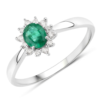 0.40 Carat Genuine Zambian Emerald and White Diamond 14K White Gold Ring