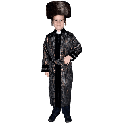 Kids Rabbi Coat Costume Black Deluxe Jacket with Velvet Trim & Bronze Design