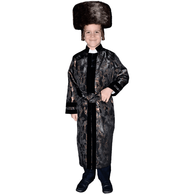 Kids Rabbi Coat Costume Black Deluxe Jacket with Velvet Trim & Bronze Design