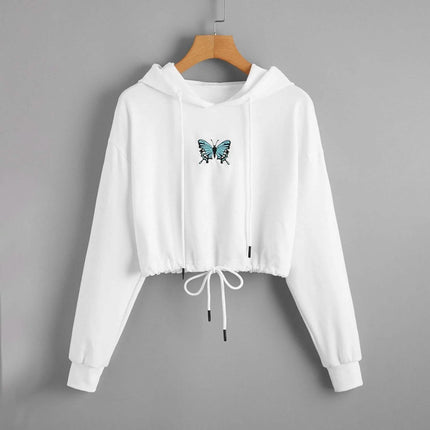 Butterfly Print Drawstring Hem Hoodie