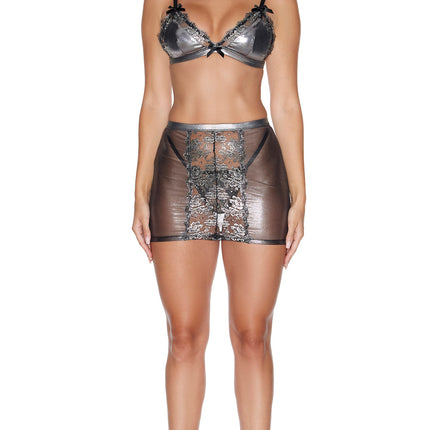 Metal Petals 3-Piece Metallic Floral Embroidered Lace Bra and Skirt Set - Gunmetal