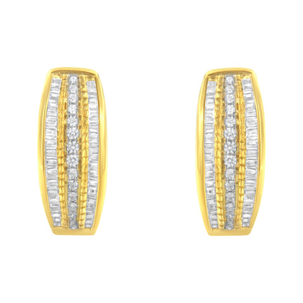 10K Yellow Gold 3/4 Cttw Pave and Channel Set Diamond Triple Row Modern Hoop Earrings (I-J Color, I2-I3 Clarity)