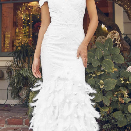 Nox Anabel C1106W Long Mermaid Off the Shoulder Gown with Feathers