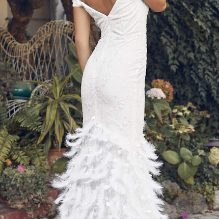 Nox Anabel C1106W Long Mermaid Off the Shoulder Gown with Feathers