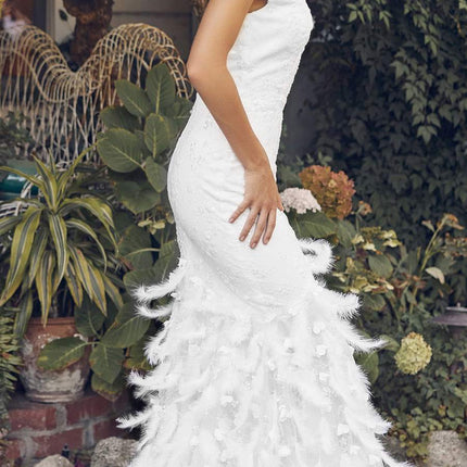 Nox Anabel C1106W Long Mermaid Off the Shoulder Gown with Feathers