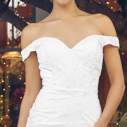 Nox Anabel C1106W Long Mermaid Off the Shoulder Gown with Feathers