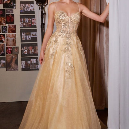 Ladivine C177 Floral Lace Applique A-Line Glitter Tulle Gown