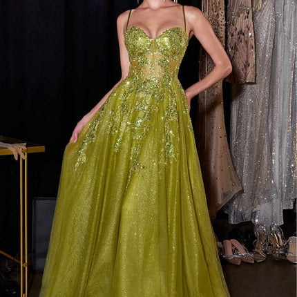 Ladivine C177 Floral Lace Applique A-Line Glitter Tulle Gown