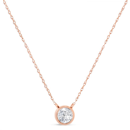AGS Certified 10K Rose Gold 1/5 Cttw Bezel Set Round Diamond Solitaire 16-18" Adjustable Pendant Necklace (H-I Color, VS1-VS2 Clarity)