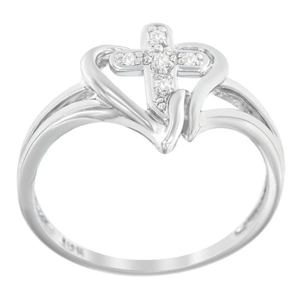 10K White Gold Diamond-Accented Cross & Open Heart Promise Fashion Ring (H-I Color, I1-I2 Clarity) - Size 7