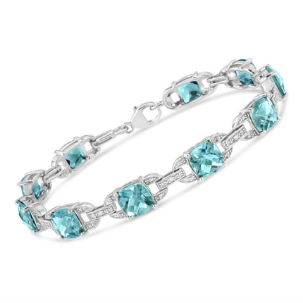 Blue Topaz & Diamond Tennis Bracelet in 925 Sterling Silver – Cushion Cut Gemstone 7"