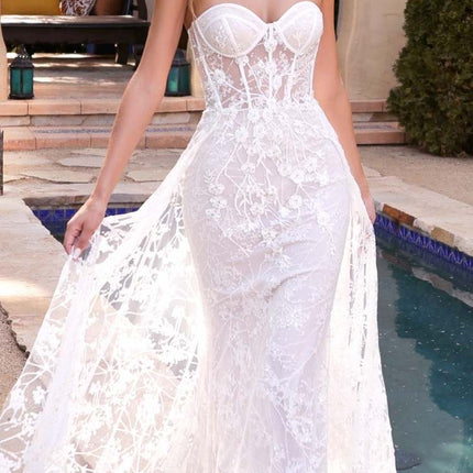 Cinderella Divine CB046W Strapless Gown Floral Applique Glitter Tulle Overskirt