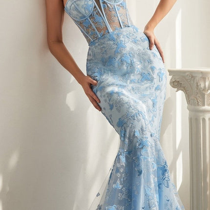 Ladivine CB099 Long Strapless Butterfly Print Mermaid Gown