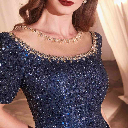 Ladivine CB151 Long Cap Sleeve Fitted Sequin Gown