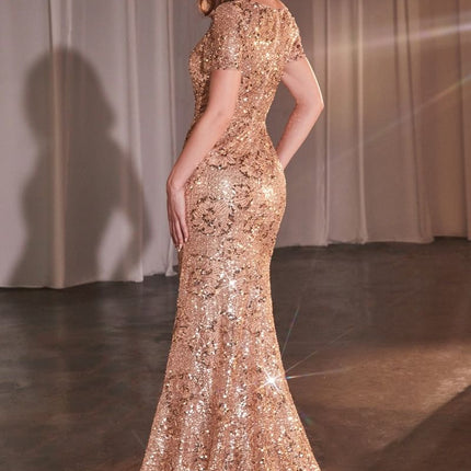 Ladivine CC3700 Rose Gold Floral Motif Sequin Fit and Flare Dress