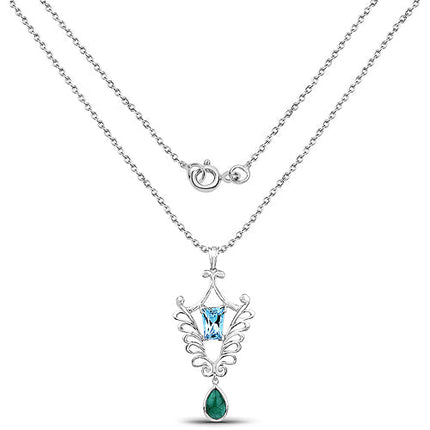 9.23 Carat Genuine Emerald and Swiss Blue Topaz .925 Sterling Silver Pendant