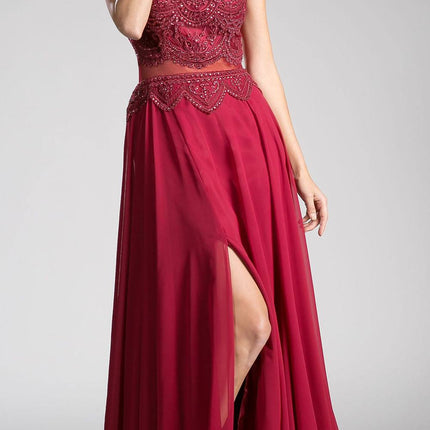 Cinderella Divine CD0113 Illusion Beaded Formal Gown Cap Sleeves