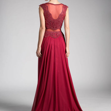 Cinderella Divine CD0113 Illusion Beaded Formal Gown Cap Sleeves