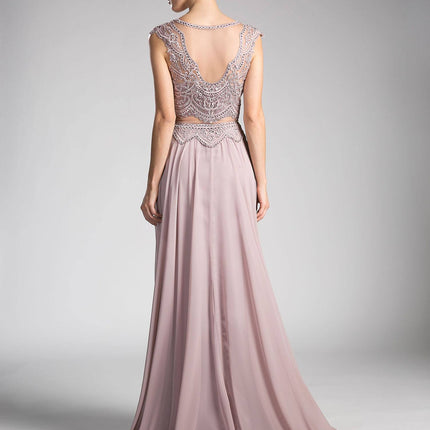 Cinderella Divine CD0113 Illusion Beaded Formal Gown Cap Sleeves