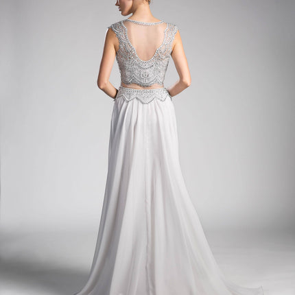 Cinderella Divine CD0113 Illusion Beaded Formal Gown Cap Sleeves