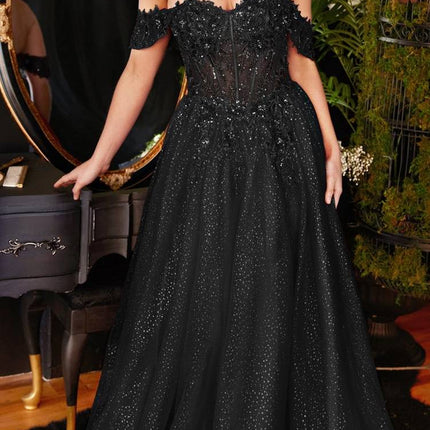 Cinderella Divine CD0198 Long Lace A-Line Gown with Off the Shoulder Sleeves