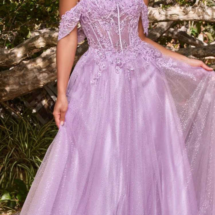 Cinderella Divine CD0198 Long Lace A-Line Gown with Off the Shoulder Sleeves