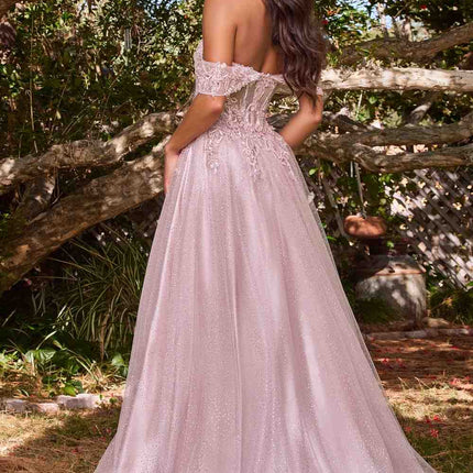 Cinderella Divine CD0198 Long Lace A-Line Gown with Off the Shoulder Sleeves