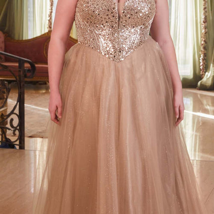 Ladivine CD0217 Long A-Line Strapless Sequin Bodice Glitter Tulle Skirt Dress
