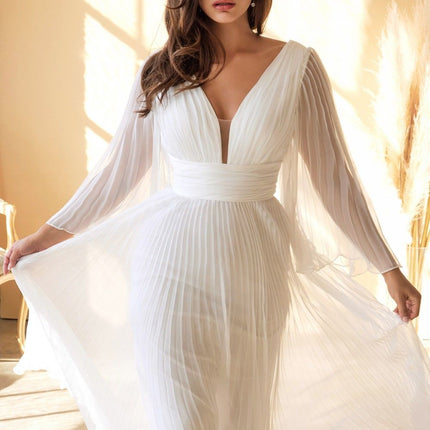 Cinderella Divine CD242W Pleated Chiffon Long Sleeve Gown