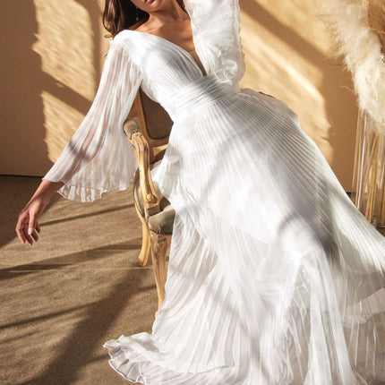 Cinderella Divine CD242W Pleated Chiffon Long Sleeve Gown