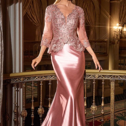 Ladivine CD720 Long Satin 3/4 Sleeve Peplum Bodice Evening Gown