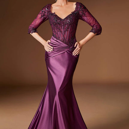 Ladivine CD731 Fitted Embroidered Bodice Stretch Satin Evening Gown