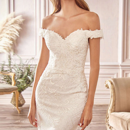 Cinderella Divine CD929 Fitted Off The Shoulder Bridal Gown Floral Lace Applique