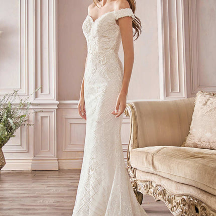 Cinderella Divine CD929 Fitted Off The Shoulder Bridal Gown Floral Lace Applique