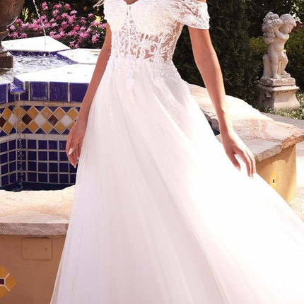 Cinderella Divine CD961W Long Lace Off the Shoulder Bridal Gown