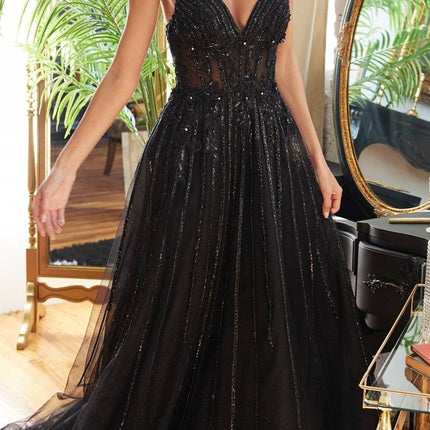 Cinderella Divine CD994 Long A-Line Beaded Tulle Gown Lace Detail V-Neck