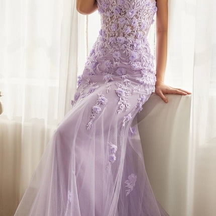 Ladivine CD995 Floor Length Fitted Floral Applique Tulle Gown