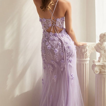 Ladivine CD995 Floor Length Fitted Floral Applique Tulle Gown
